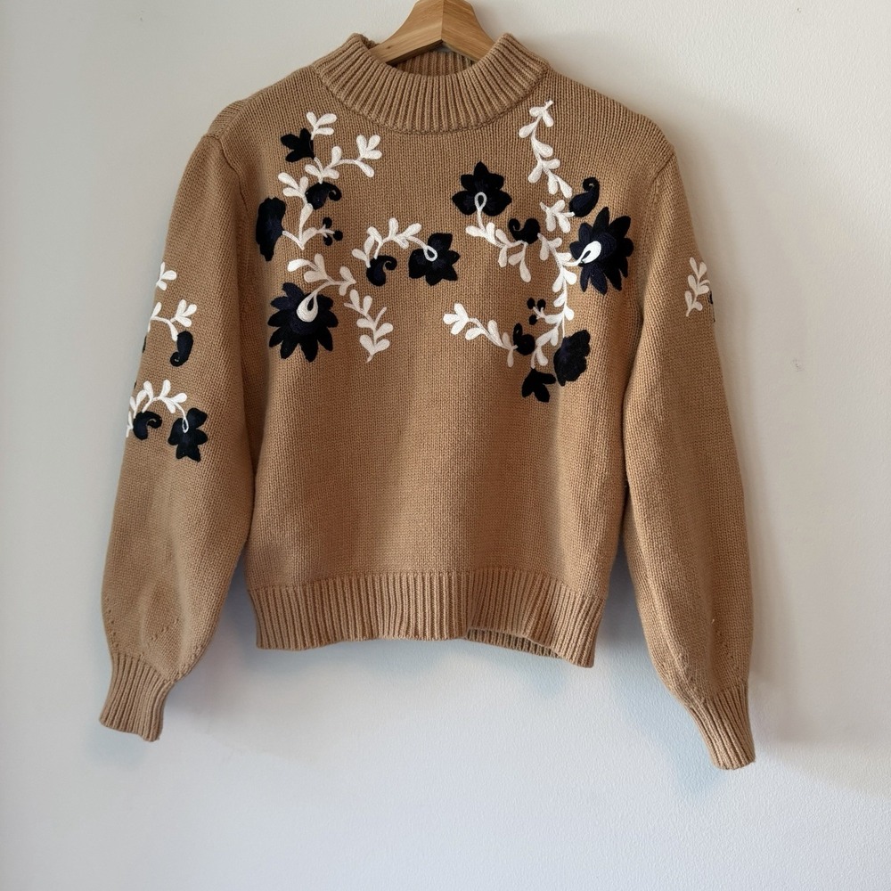 Ann Taylor Petites XSP Tan Floral Embroidered Mock Neck Knit Pullover Sweater